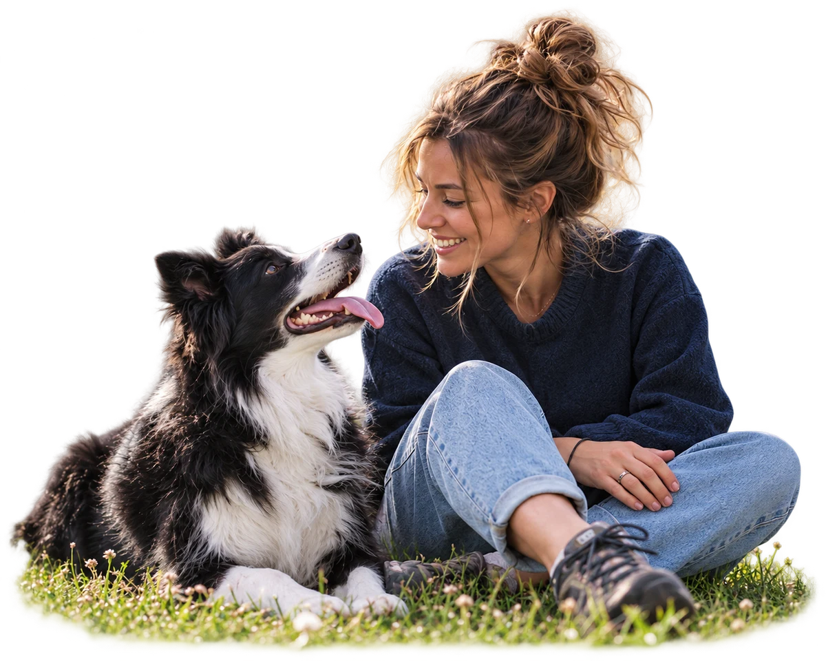Une éducatrice assise avec son border collie (photo d’illustration)